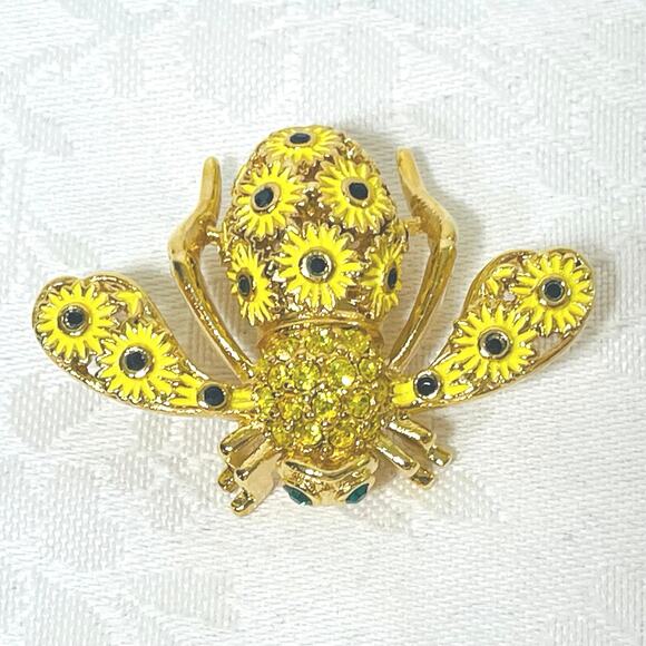 Vtg JOAN RIVERS Sunflower Bee Pin Brooch Crystal Yellow Green Classic Collection - Picture 4 of 11